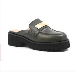 All Black Flat Buckle Mule Green Sz 8.5/9 US 39 EU NIB Minimalist Sleek Stylish